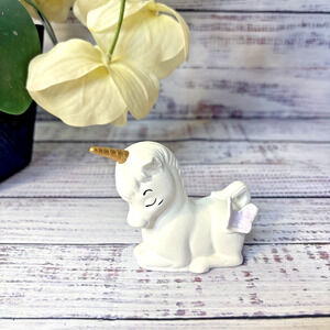 Vintage Ceramic Kneeling Baby Unicorn Figurine Lavender Purple Butterfly Tail